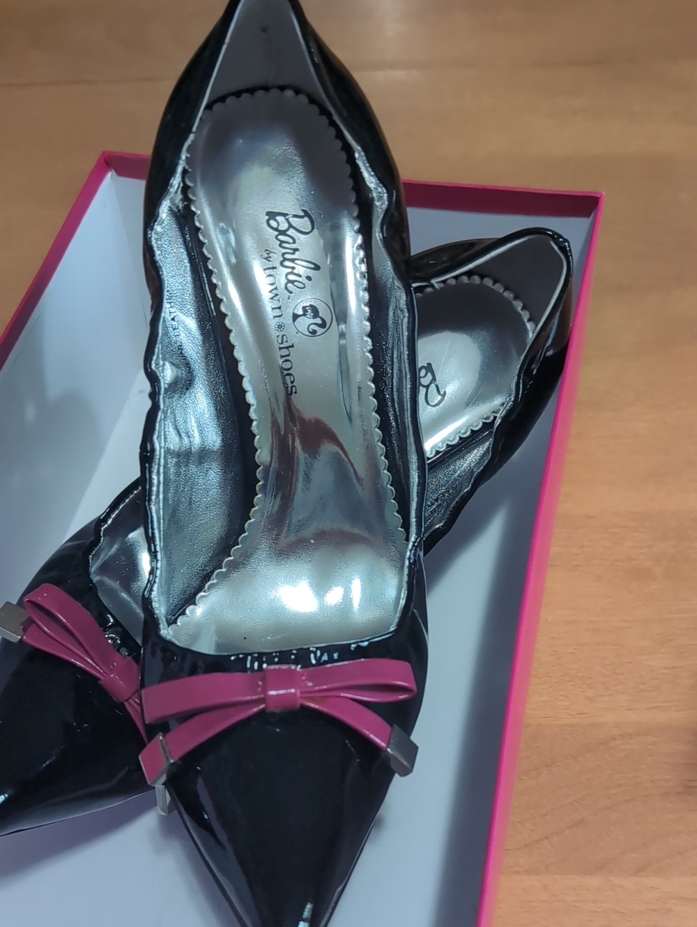 Barbie Black Patent Pointed Flats with Pink Bow Accent